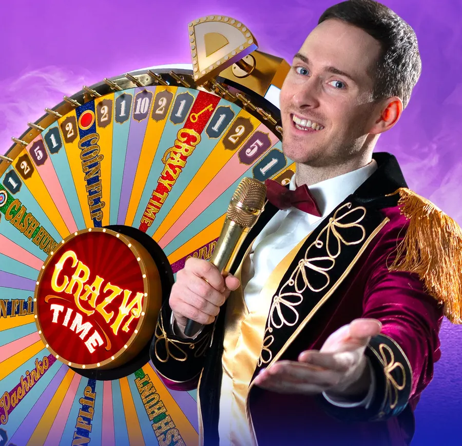PlayOJO live casino host beside a game-show money wheel, from the PlayOJO app
