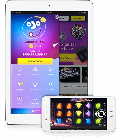 PlayOJO on a tablet and a phone, from the operator's iOS page