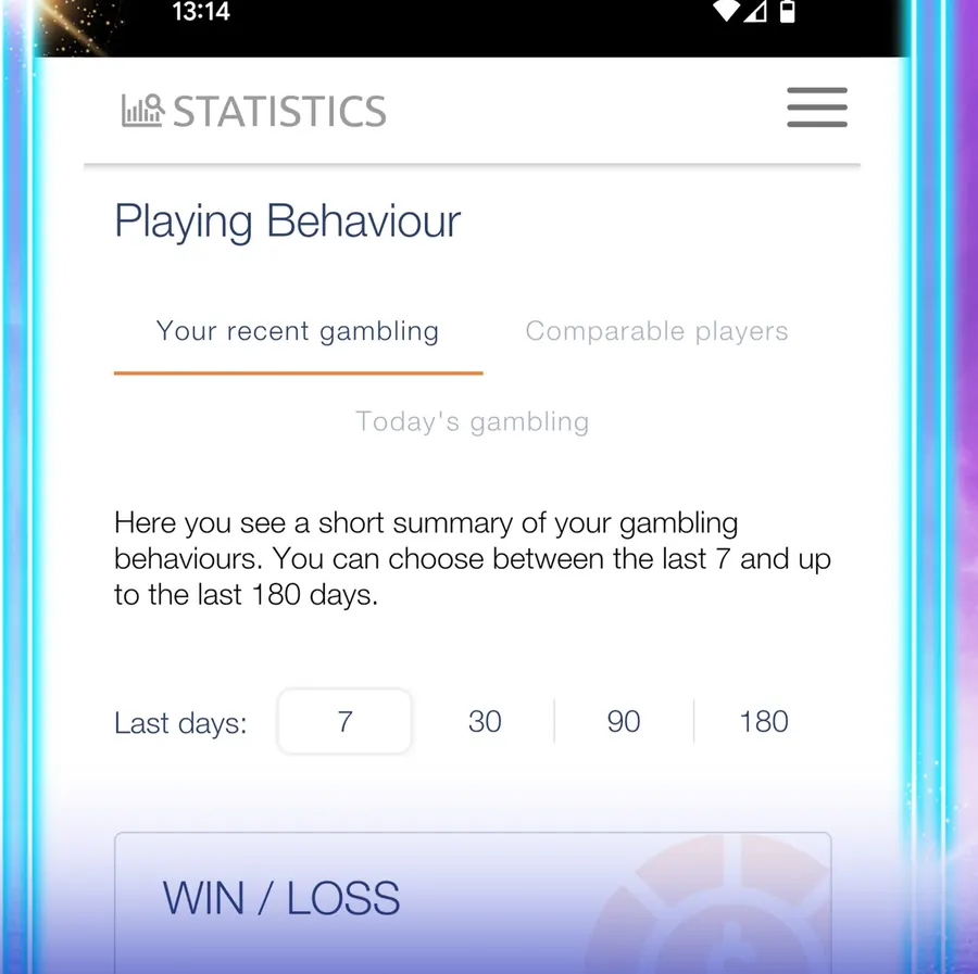 Playing Behaviour statistics screen from PlayOJO's safer gambling tools