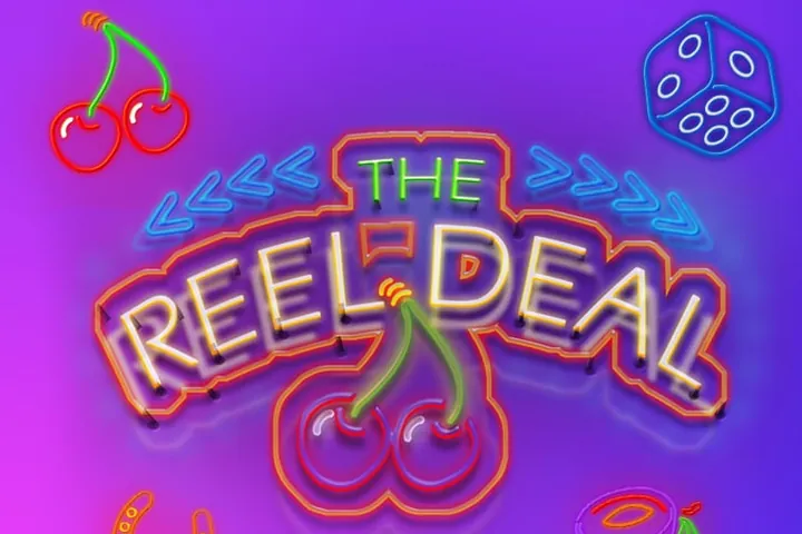 Neon cherries, dice and a Reel Deal sign from a PlayOJO banner