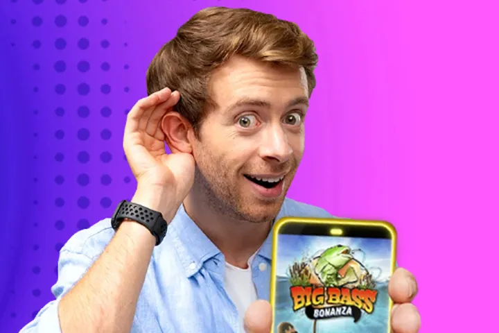 PlayOJO player holding a phone with a slot on screen, from the brand's welcome banner
