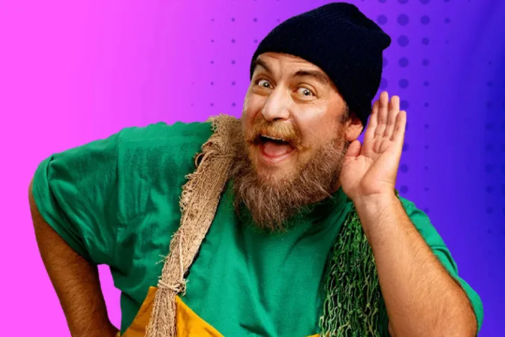 PlayOJO fisherman cupping his ear, from the brand's welcome banner